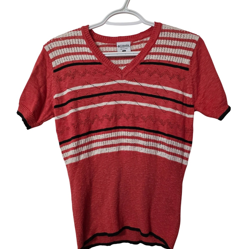 Vintage Columbia Sportswear Red Striped V-Neck Short Sleeve Knit Sweater Small